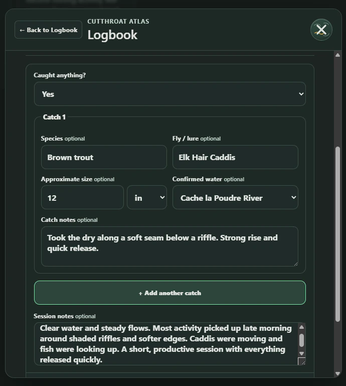 Cutthroat Atlas Logbook entry for a fabricated brown trout catch and session notes