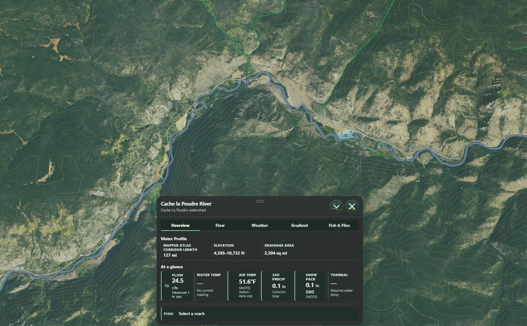 Cache la Poudre River selected over aerial terrain with its Stream Card open
