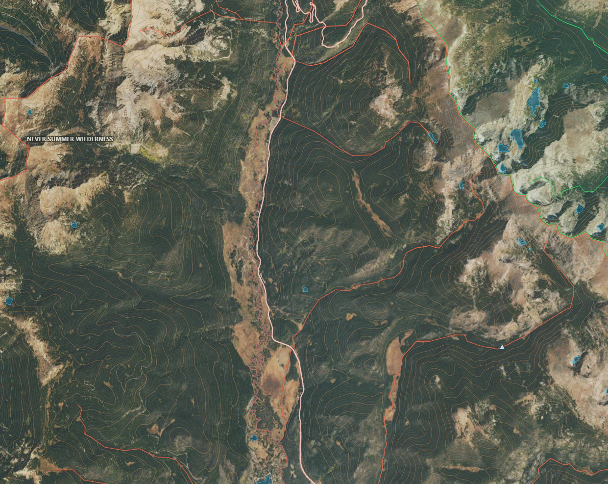 Mountain terrain with contour lines, streams, lakes, and wilderness boundaries